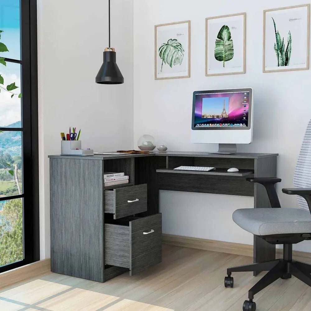 41" Gray L Shape Computer Desk With Two Drawers - NOBLE HOME INTERIORS