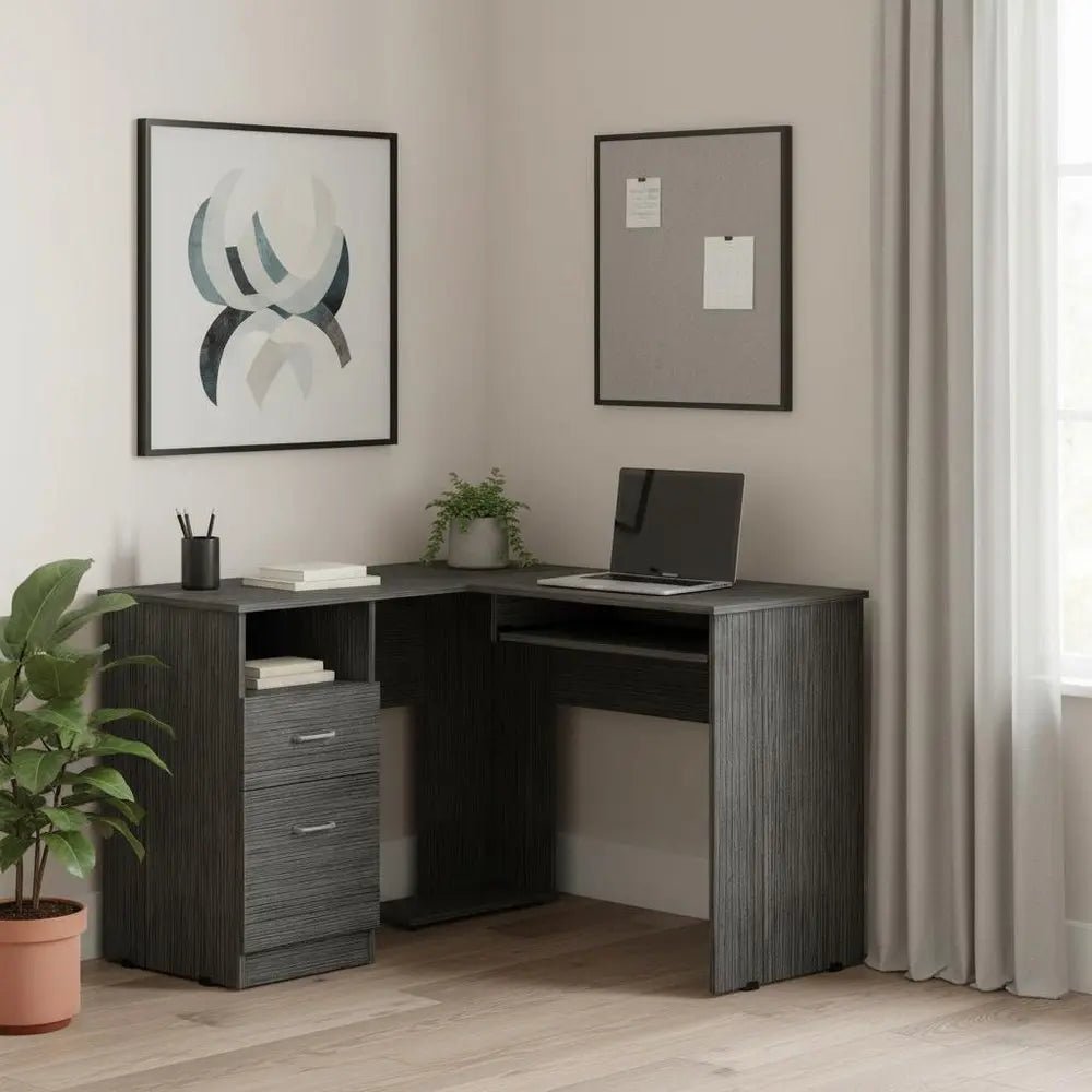 41" Gray L Shape Computer Desk With Two Drawers - NOBLE HOME INTERIORS