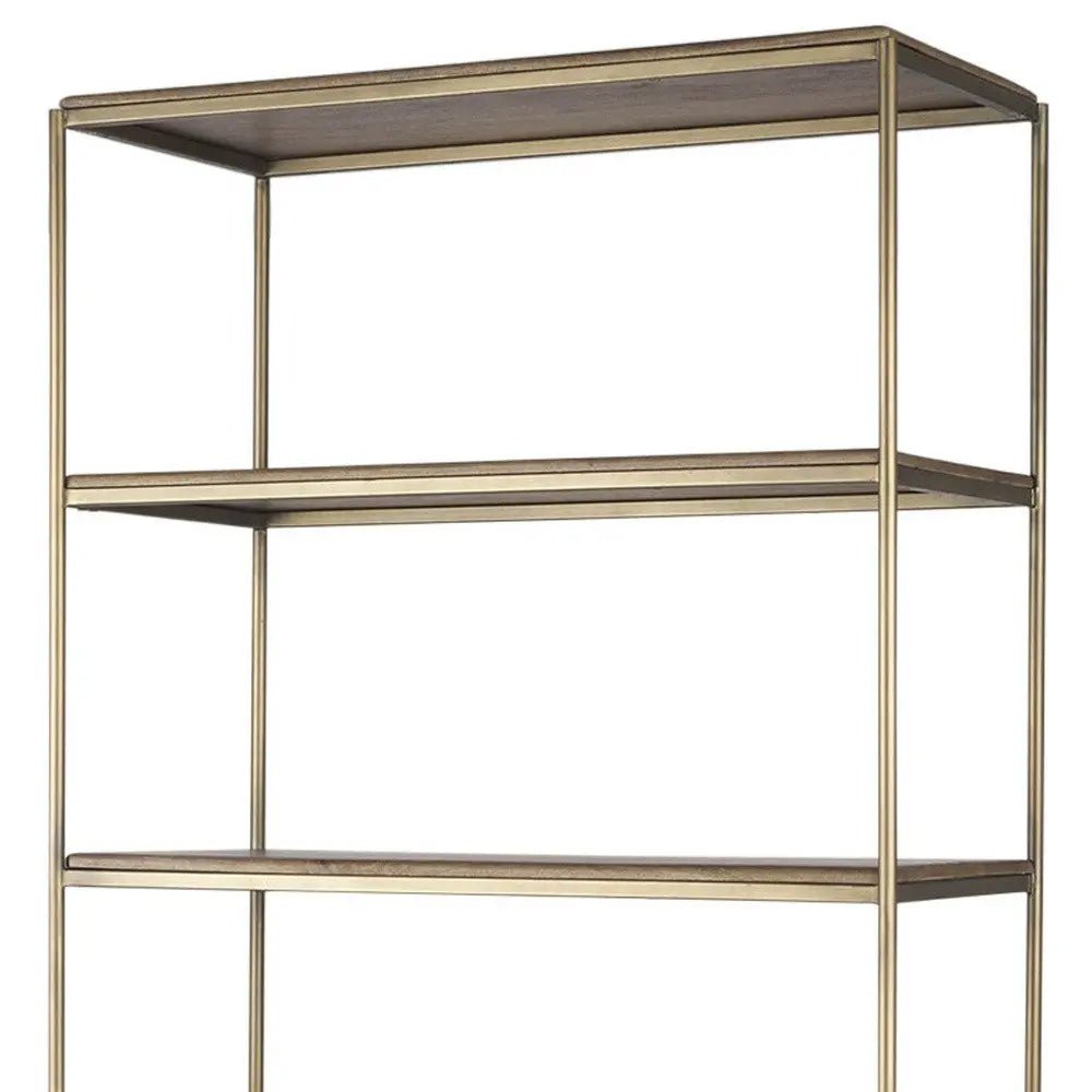 42" Antiqued Brass And Brown Distressed Metal and Solid Wood Four Tier Bookcase with Two Doors - NOBLE HOME INTERIORS