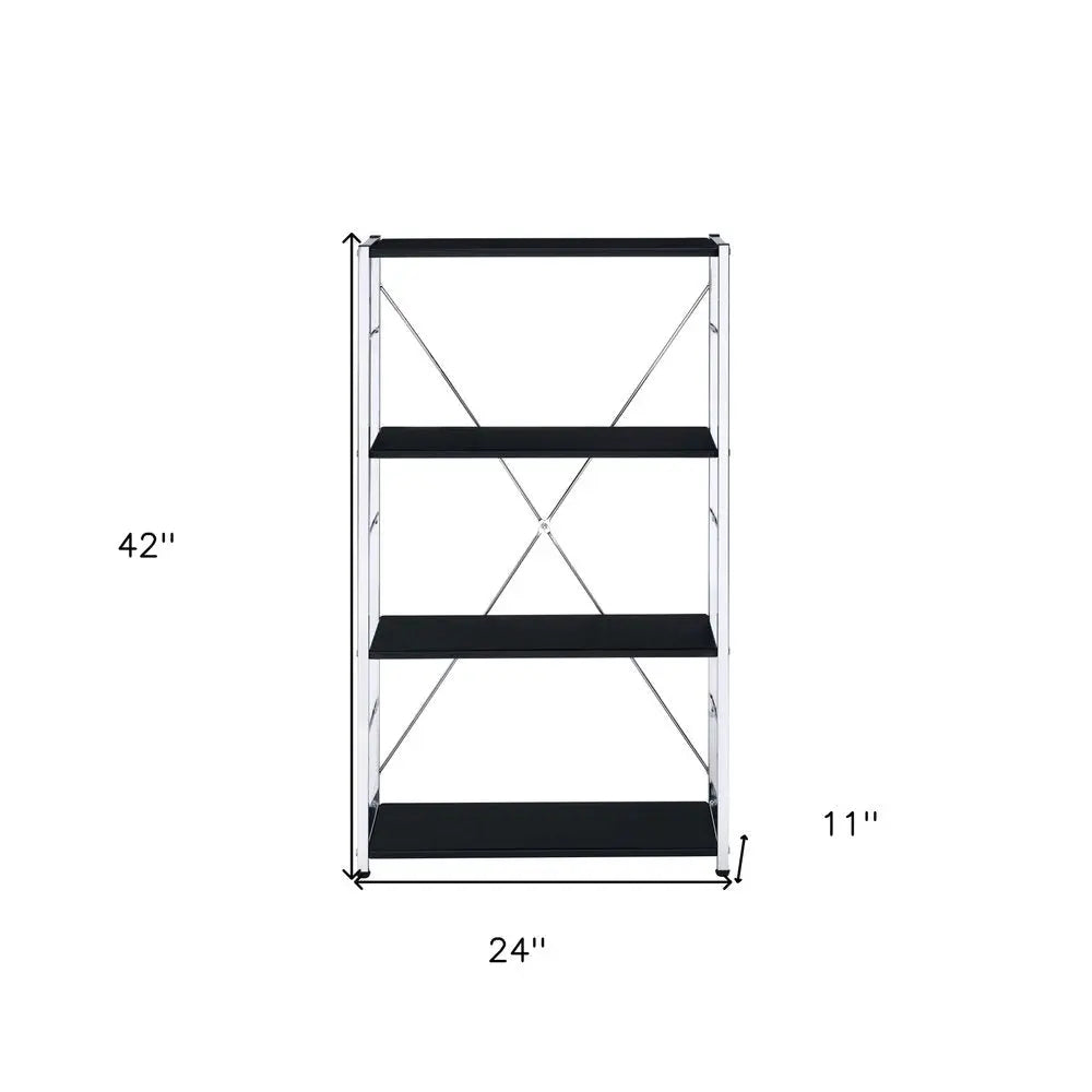 42" Black And Silver Metal and Wood Four Tier Etagere Bookcase - NOBLE HOME INTERIORS