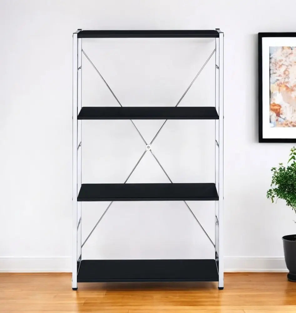 42" Black And Silver Metal and Wood Four Tier Etagere Bookcase - NOBLE HOME INTERIORS