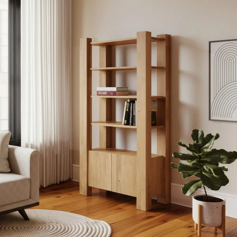 42" Natural Solid Wood Four Tier Bookcase with Two Doors - NOBLE HOME INTERIORS