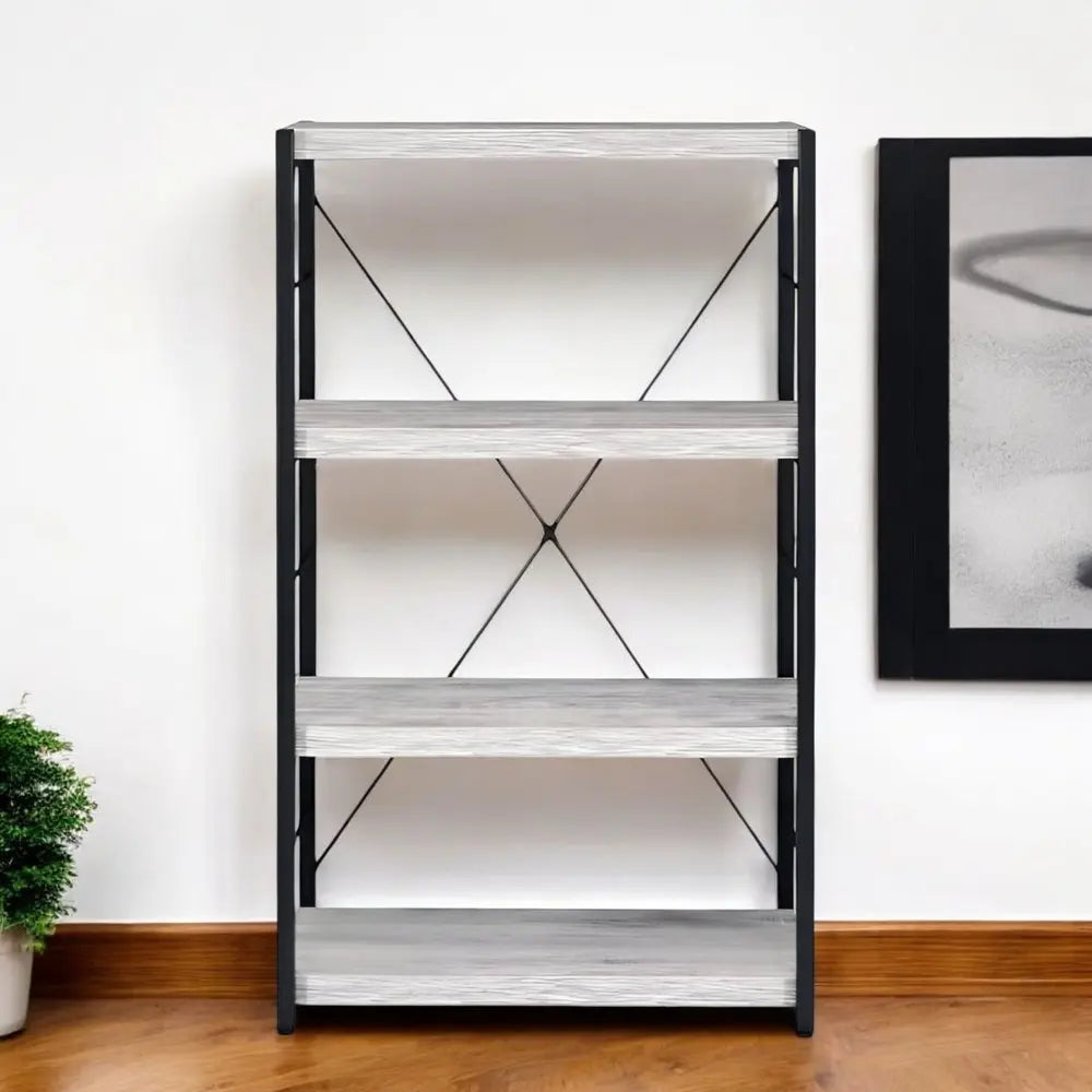 43" Antiqued White And Black Metal and Wood Four Tier Etagere Bookcase - NOBLE HOME INTERIORS