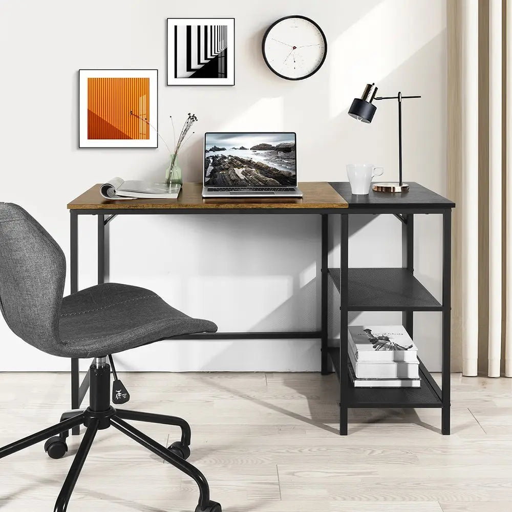 43" Brown and Black Wood and Metal H - Shape Computer Desk - NOBLE HOME INTERIORS