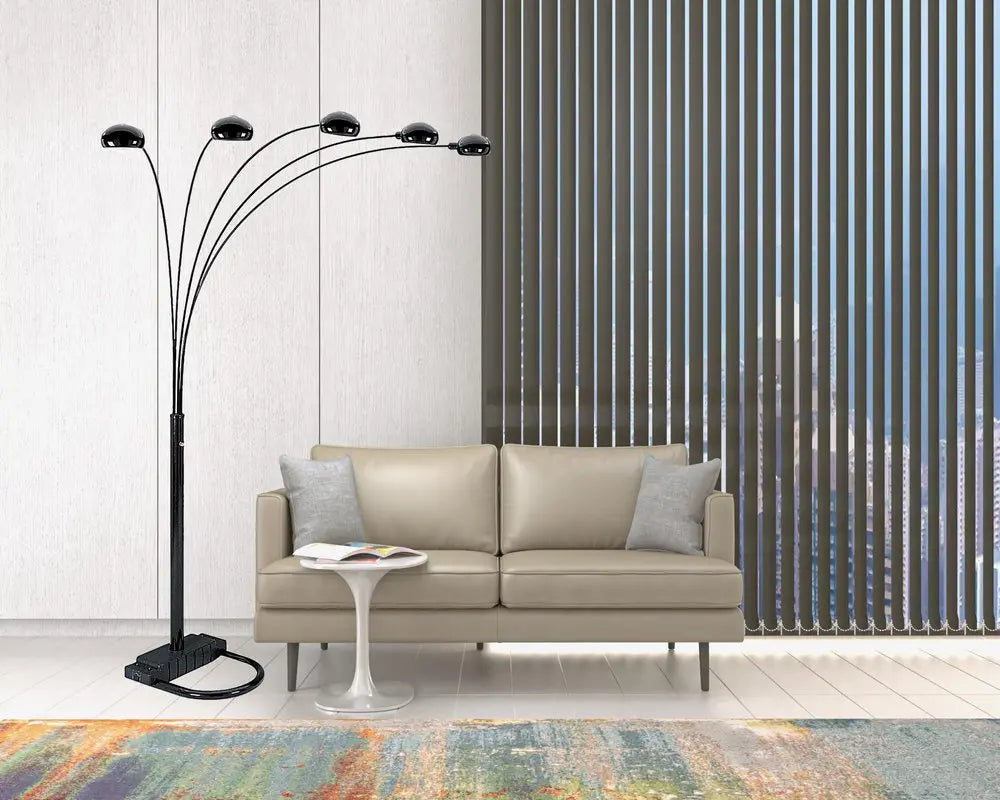 84" Black Five Light Arc Floor Lamp With Black Dome Shade HomeRoots