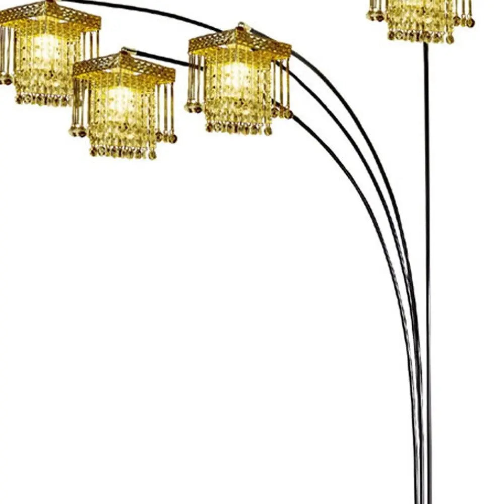 84" Black Four Light Arc Floor Lamp With Clear Crystal Glass Chandelier Shade HomeRoots