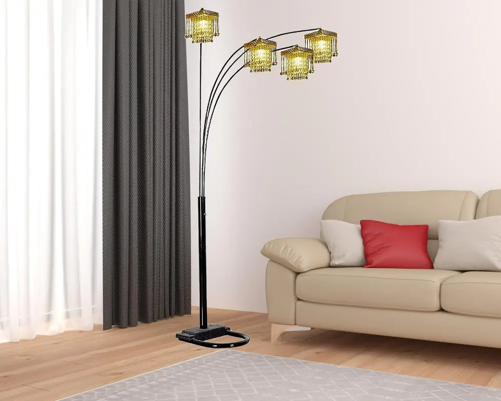 84" Black Four Light Arc Floor Lamp With Clear Crystal Glass Chandelier Shade HomeRoots