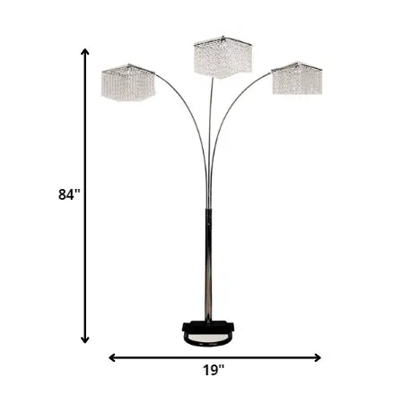 84" Silver Three Light Arched Floor Lamp With Clear Crystal Square Shade HomeRoots