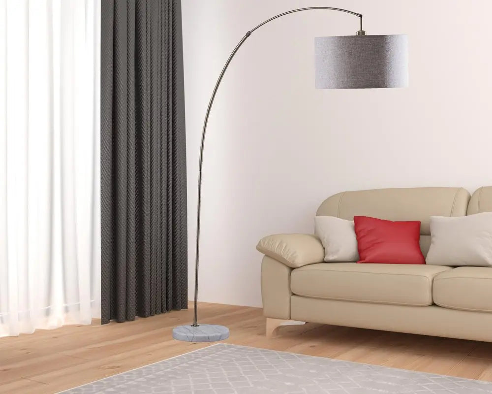 86" Beige And Antique Gold Arched Floor Lamp With Gray Drum Shade HomeRoots