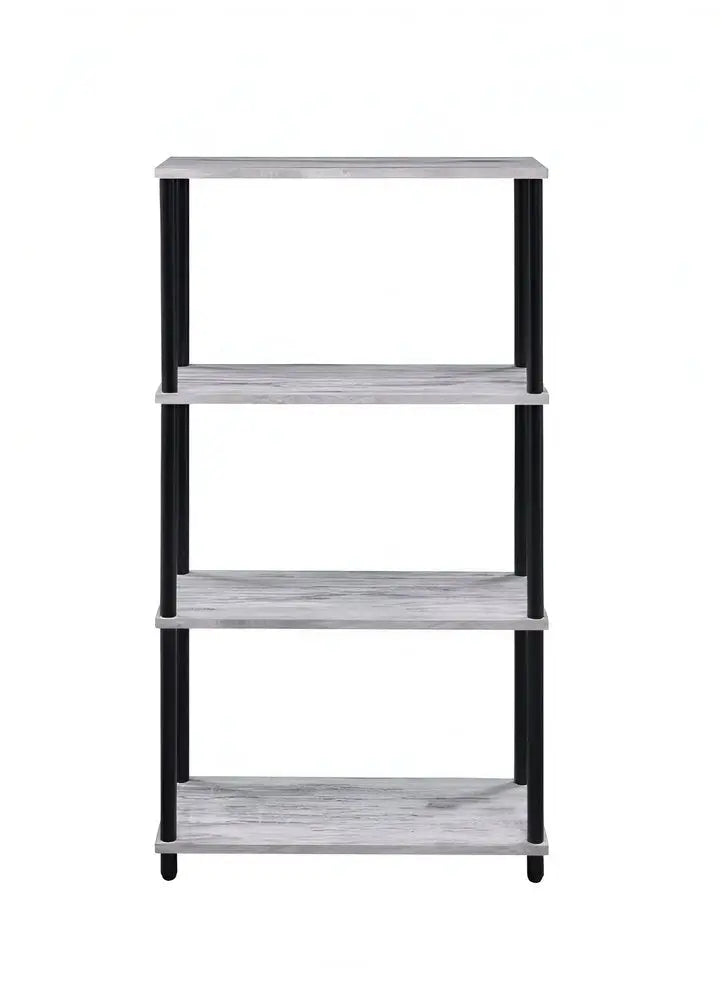 44" Antiqued White And Black Distressed Metal and Wood Four Tier Etagere Bookcase - NOBLE HOME INTERIORS