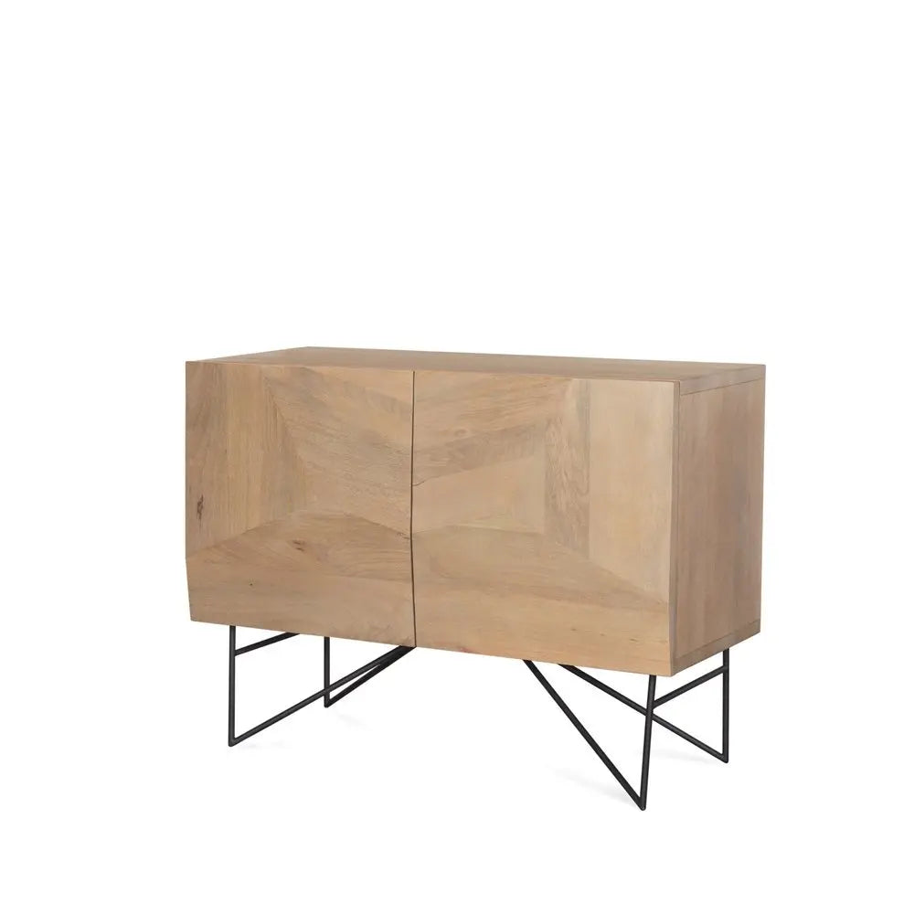 44" Natural and Black Solid Wood and Metal Carved Geometric Accent Cabinet With Two Doors - NOVA HOME FURNITURE