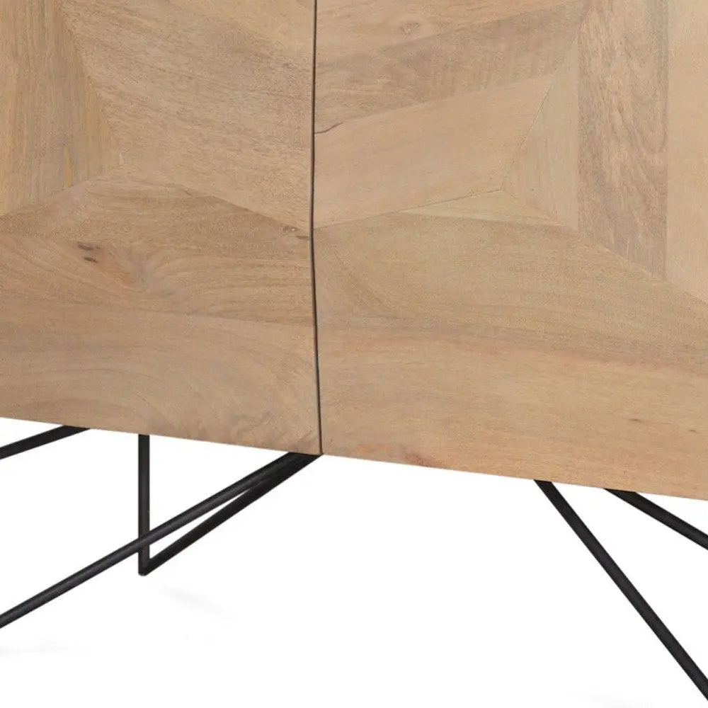 44" Natural and Black Solid Wood and Metal Carved Geometric Accent Cabinet With Two Doors - NOVA HOME FURNITURE