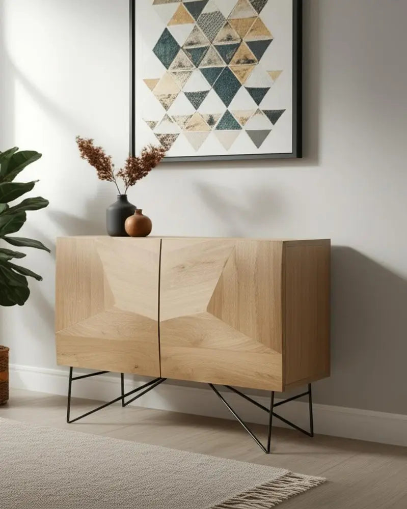 44" Natural and Black Solid Wood and Metal Carved Geometric Accent Cabinet With Two Doors - NOVA HOME FURNITURE