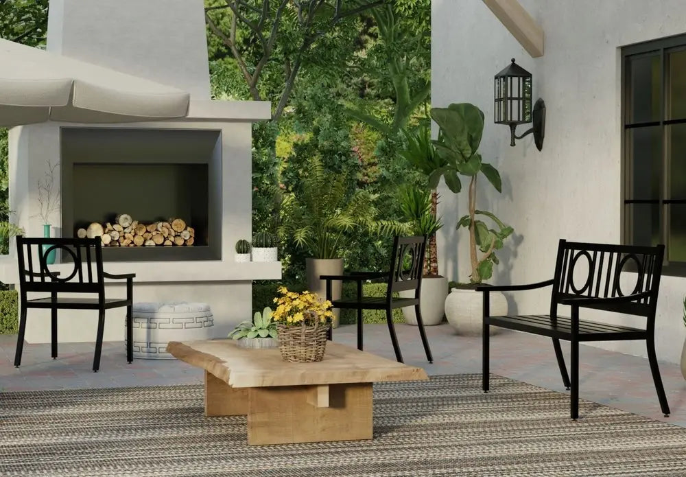 45" Black Metal Geometric Back Garden Patio Bench - NOBLE HOME INTERIORS