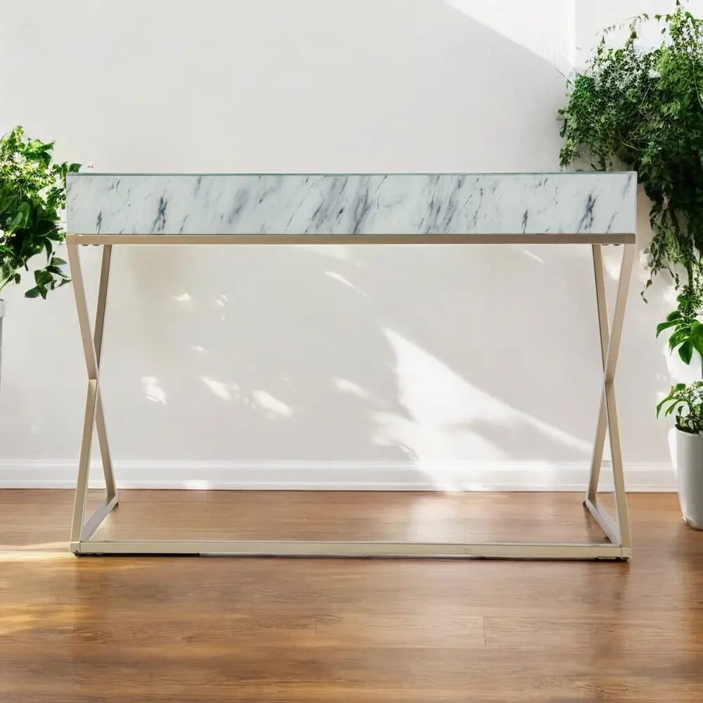 45" White and Bronze Glass Writing Desk With Two Drawers - NOBLE HOME INTERIORS