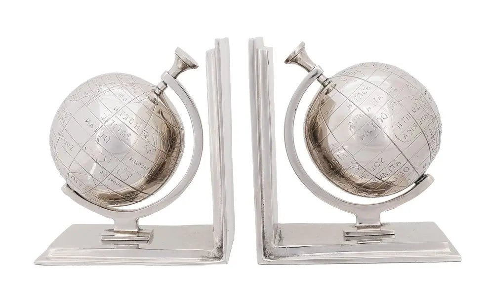 4.5" X 6.75" X 7.75" Alum Globe Bookend Set Of Two - NOBLE HOME INTERIORS