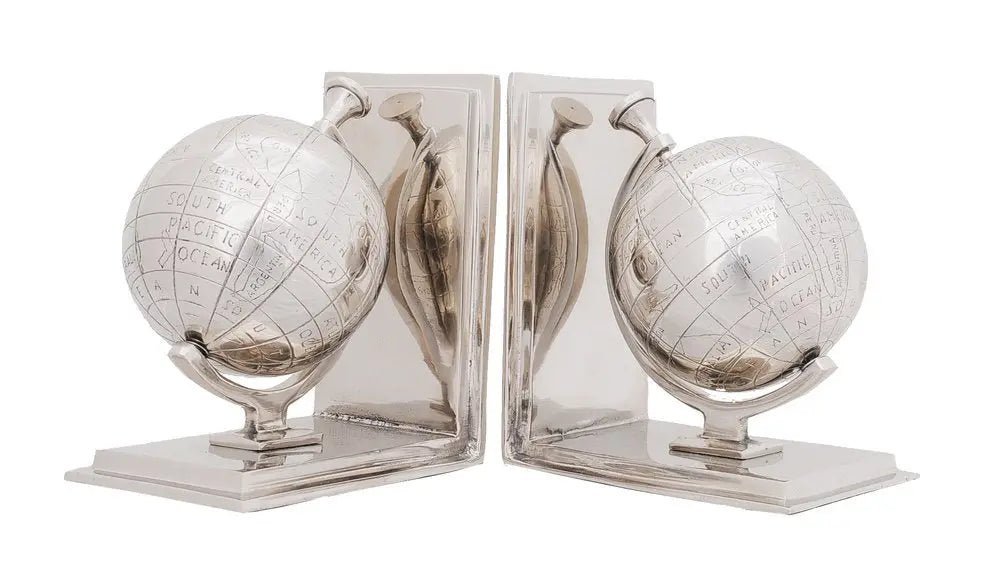 4.5" X 6.75" X 7.75" Alum Globe Bookend Set Of Two - NOBLE HOME INTERIORS