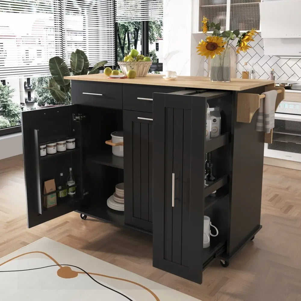 46" Black Wood Barn Door Rolling Kitchen Island With Storage - NOVA HOME FURNITURE