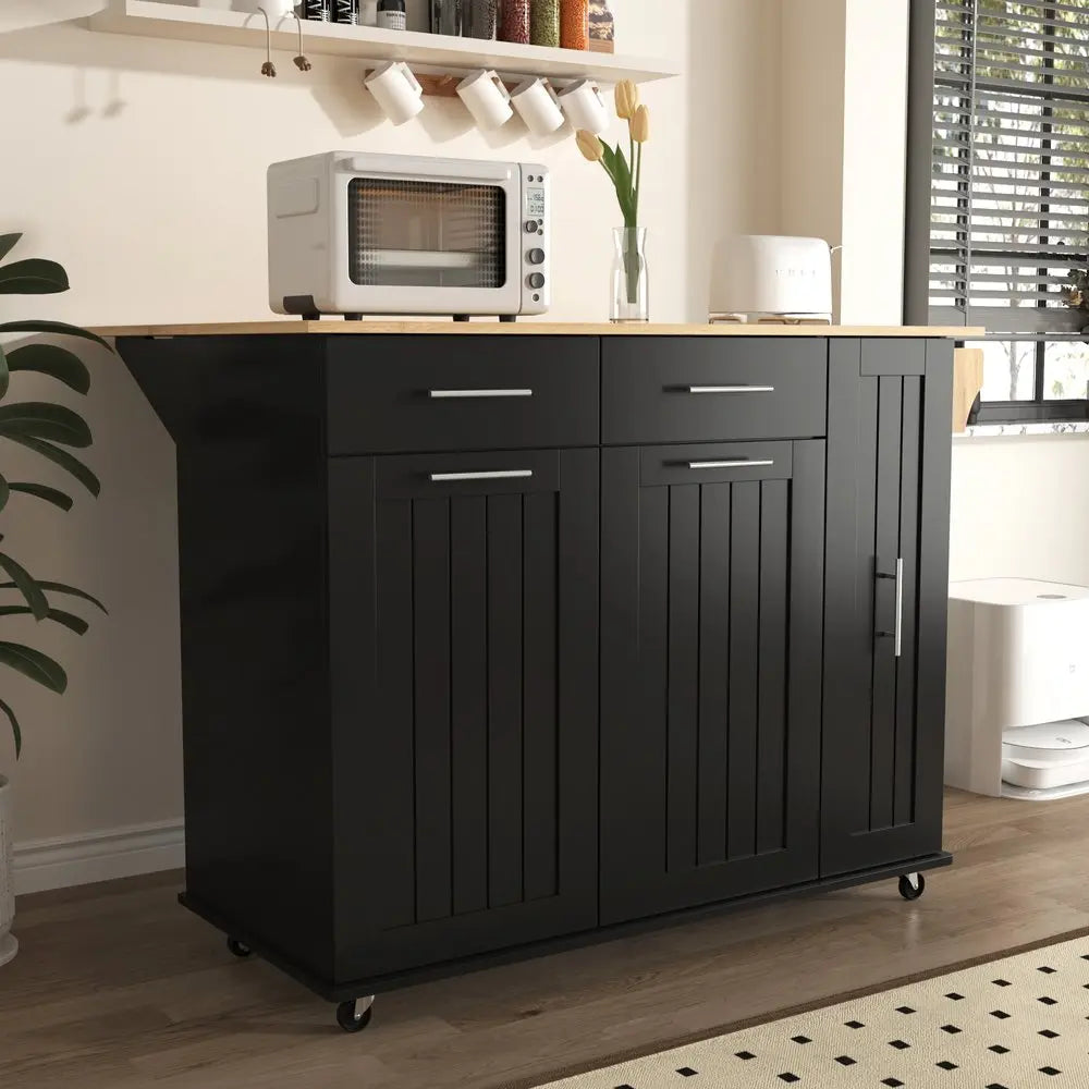 46" Black Wood Barn Door Rolling Kitchen Island With Storage - NOVA HOME FURNITURE