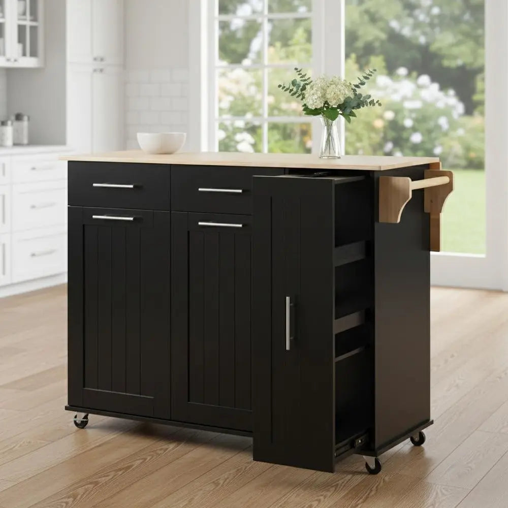 46" Black Wood Barn Door Rolling Kitchen Island With Storage - NOVA HOME FURNITURE