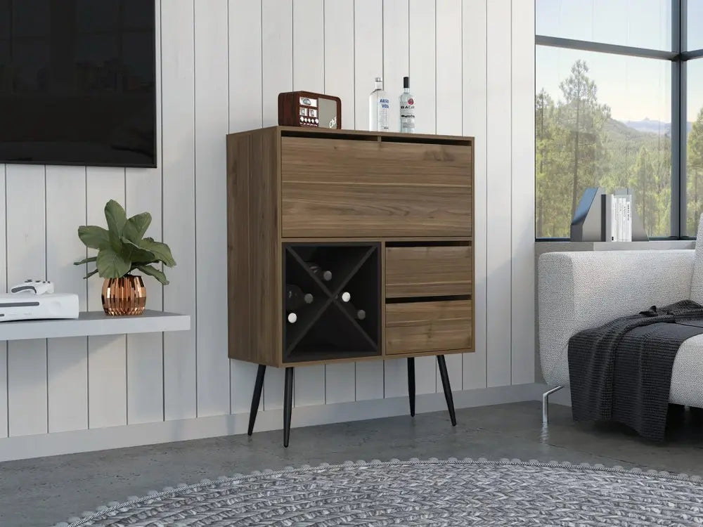 46" Dark Brown and Black Wood Console Bar Cabinet With Single Door And Two Drawers - NOVA HOME FURNITURE