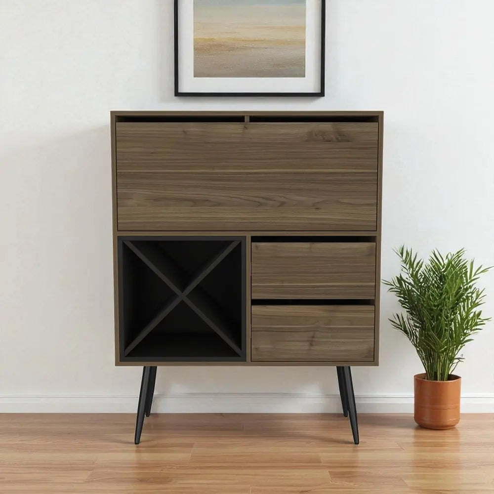 46" Dark Brown and Black Wood Console Bar Cabinet With Single Door And Two Drawers - NOVA HOME FURNITURE