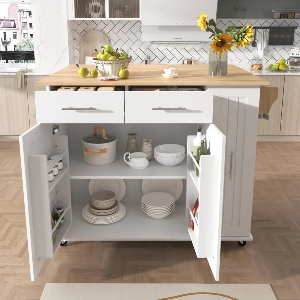 46" White Wood Barn Door Rolling Kitchen Island With Storage - NOVA HOME FURNITURE