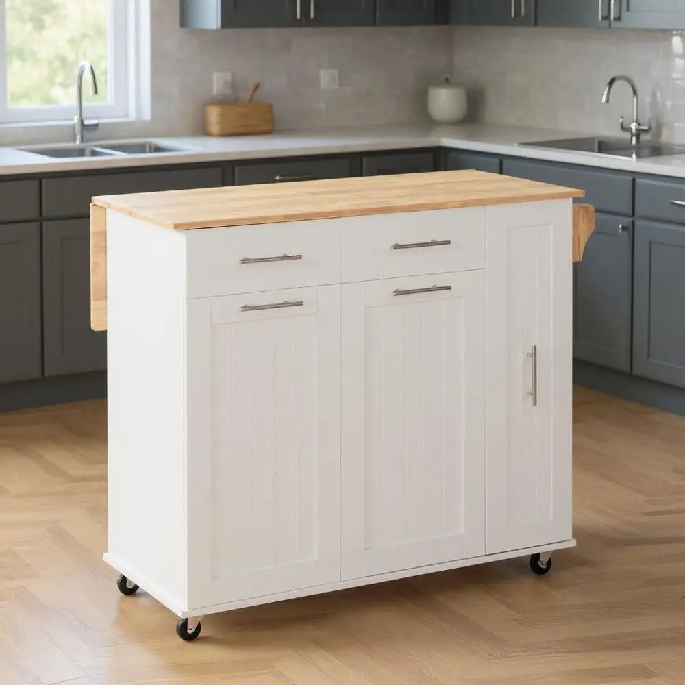 46" White Wood Barn Door Rolling Kitchen Island With Storage - NOVA HOME FURNITURE