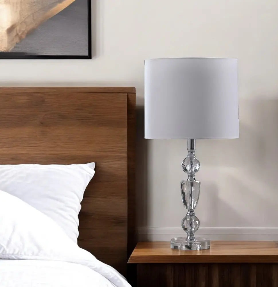 24" Clear And Silver Faux Crystal And Metal Table Lamp With White Drum Shade HomeRoots