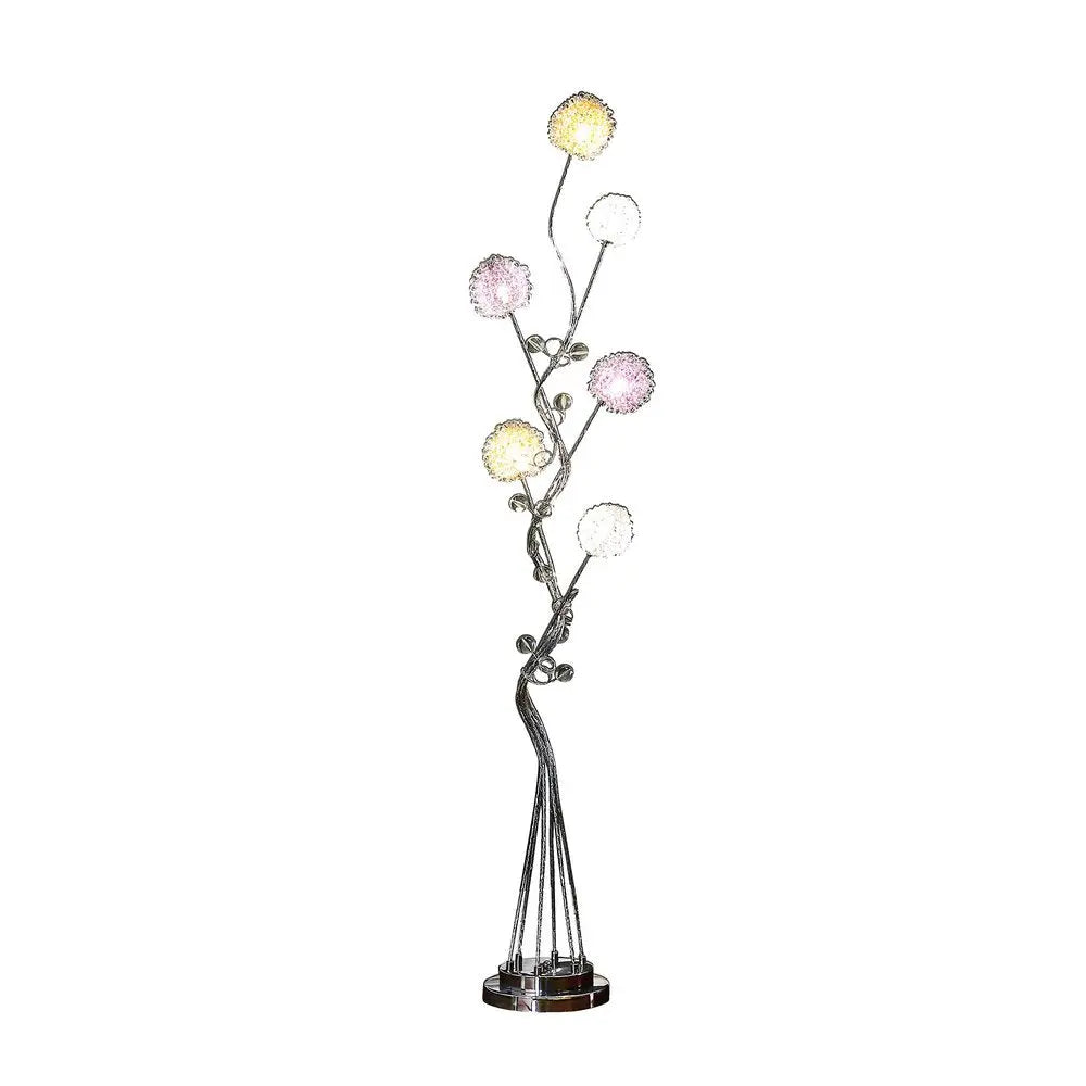 59" Silver Six Light LED Novelty Floor Lamp With Purple And White Metal Novelty Shade HomeRoots
