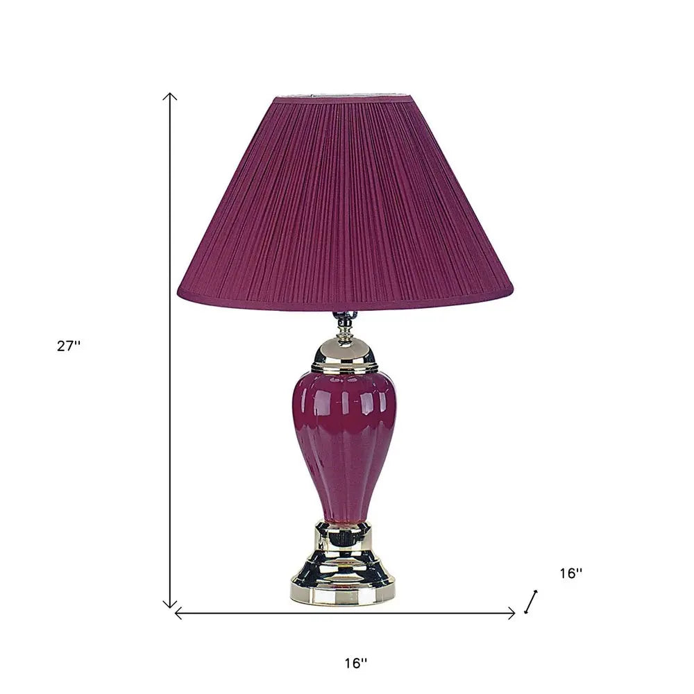 27" Silver Ceramic Bedside Table Lamp With Magenta Empire Shade HomeRoots