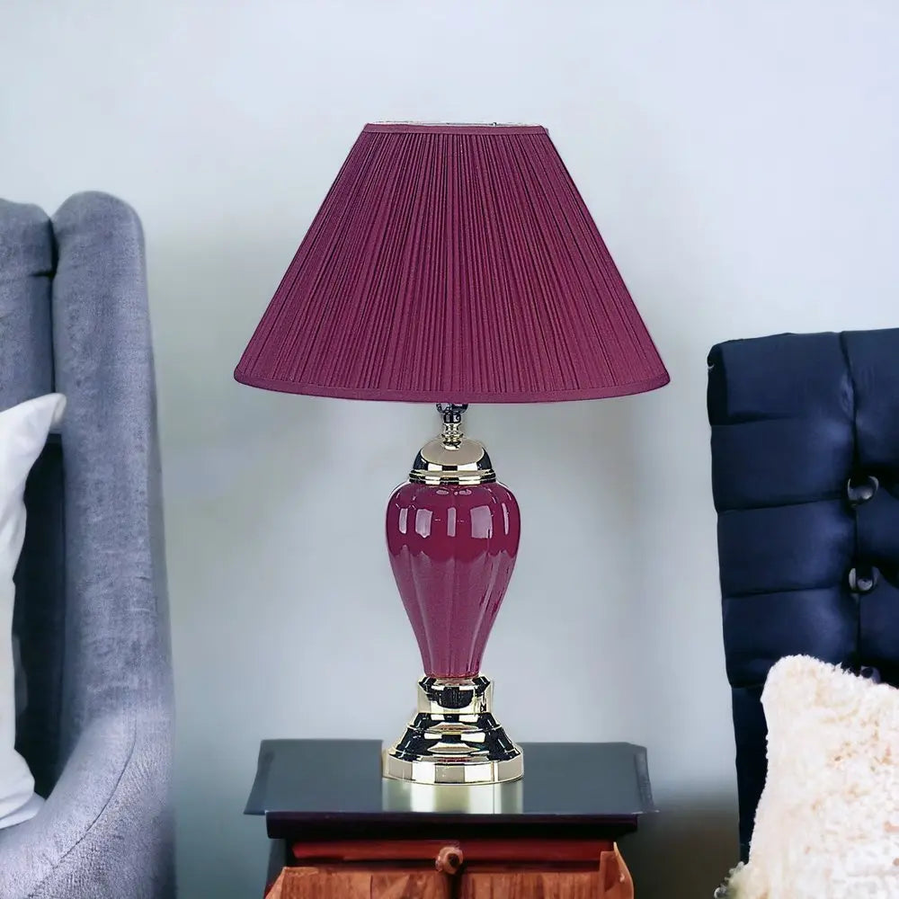 27" Silver Ceramic Bedside Table Lamp With Magenta Empire Shade HomeRoots