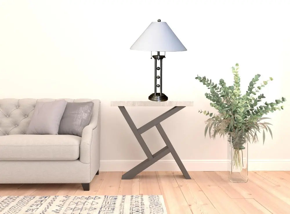 27" Silver Metal Two Light Table Lamp With White Classic Empire Shade HomeRoots