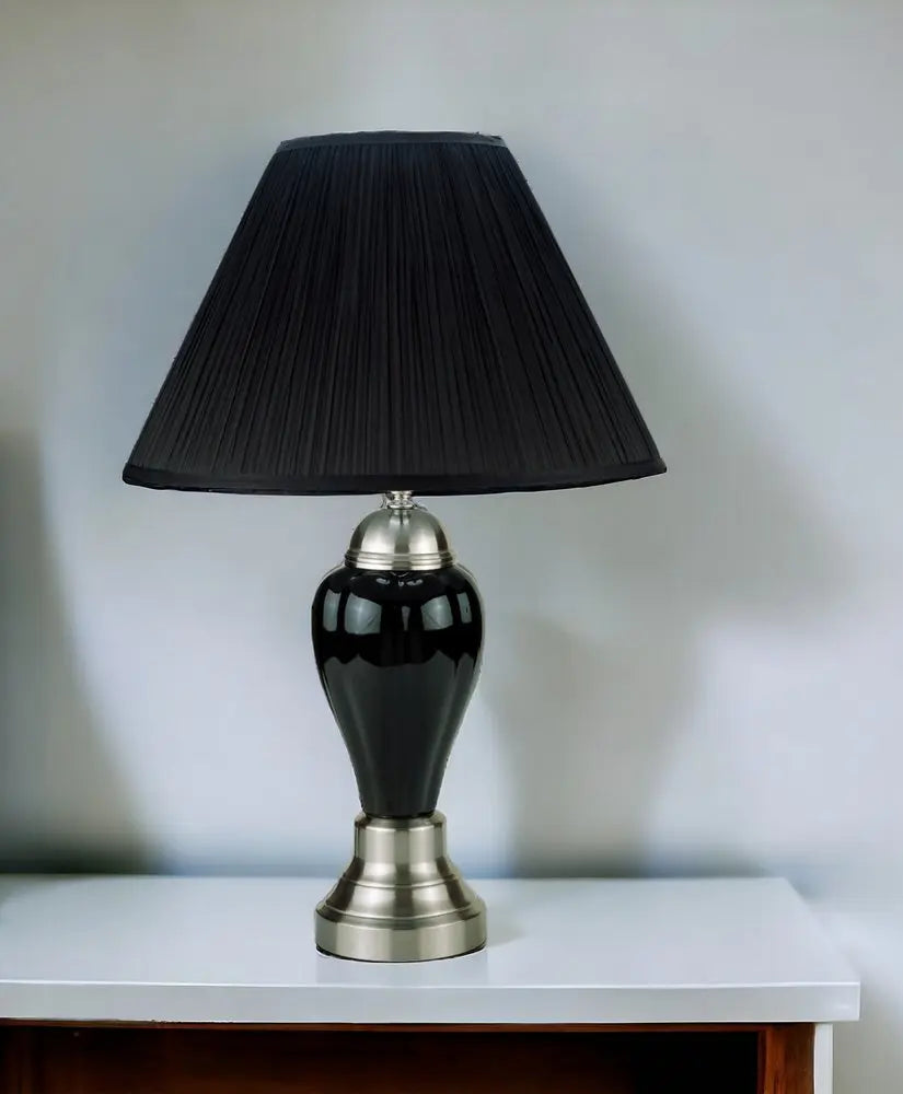 27" Black and Silver Ceramic Urn Table Lamp With Black Empire Shade HomeRoots