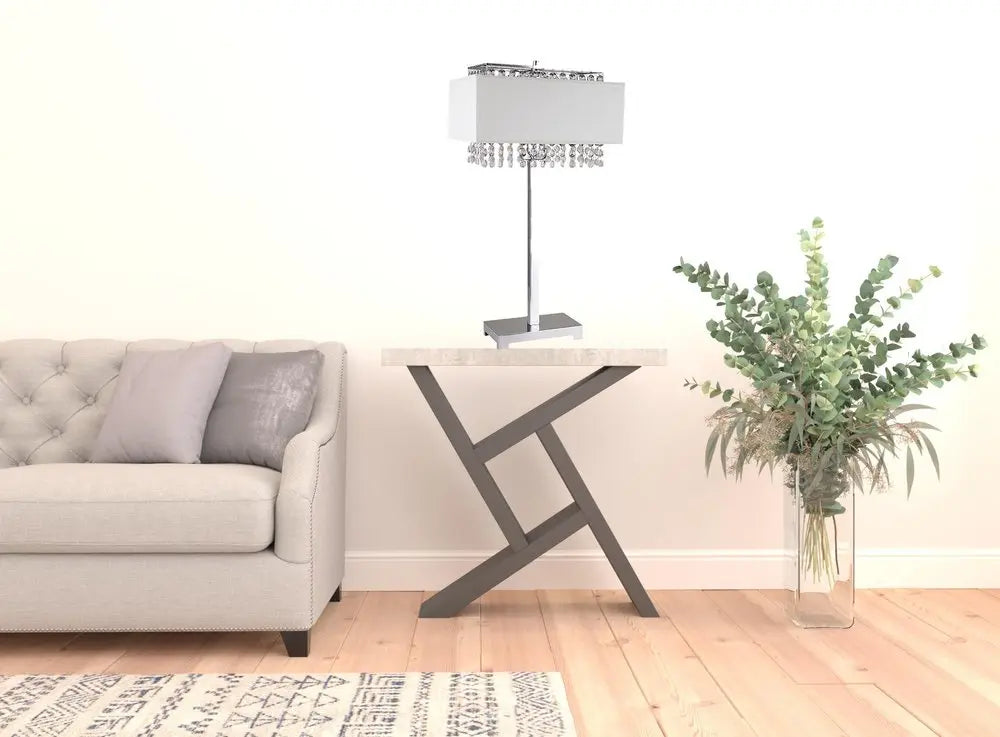 28" Silver Table Lamp With Faux Crystals and White Rectangle Shade HomeRoots