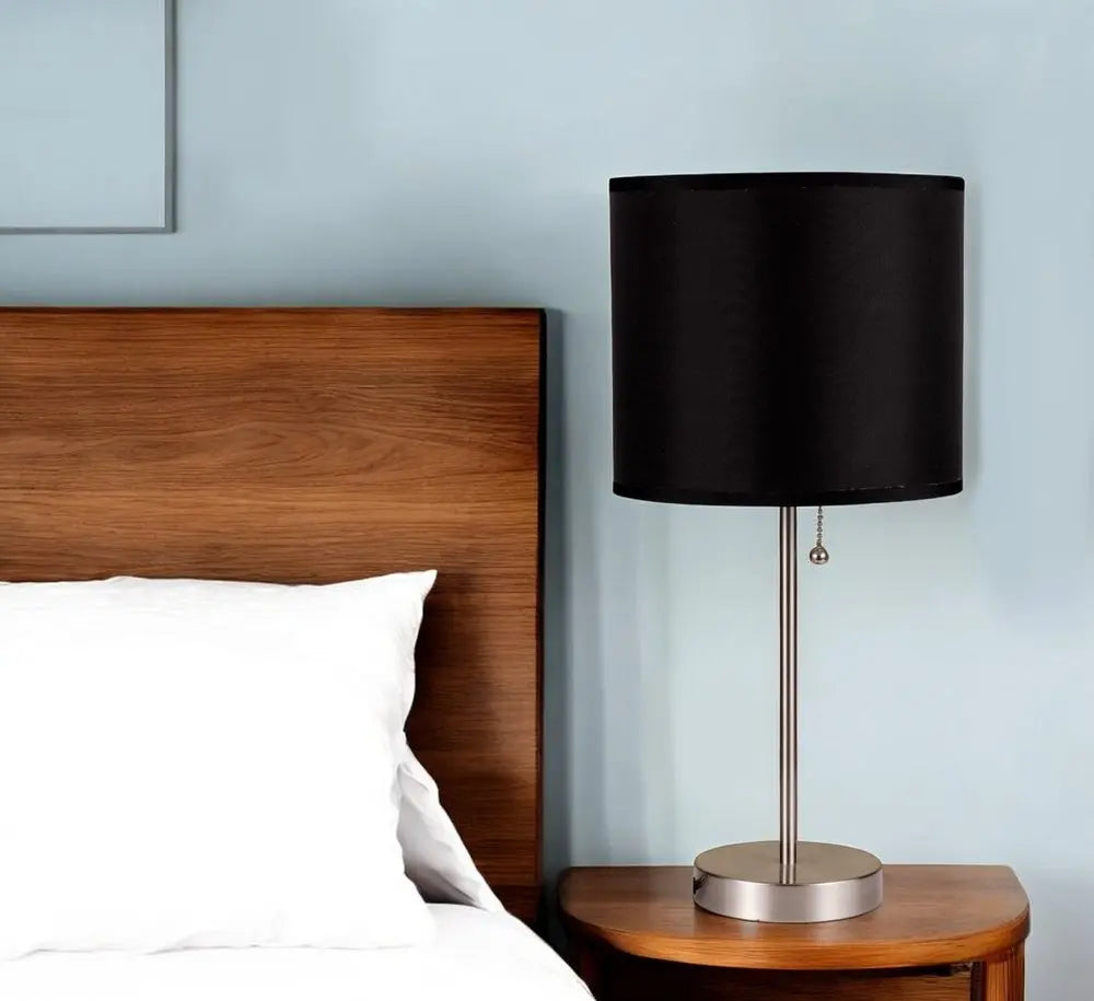 16" Silver Metal Candlestick Table Lamp With Black Classic Drum Shade HomeRoots