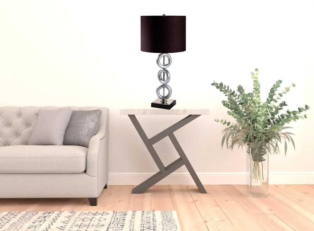 29" Silver Ceramic Geometric Table Lamp With Brown Classic Drum Shade HomeRoots