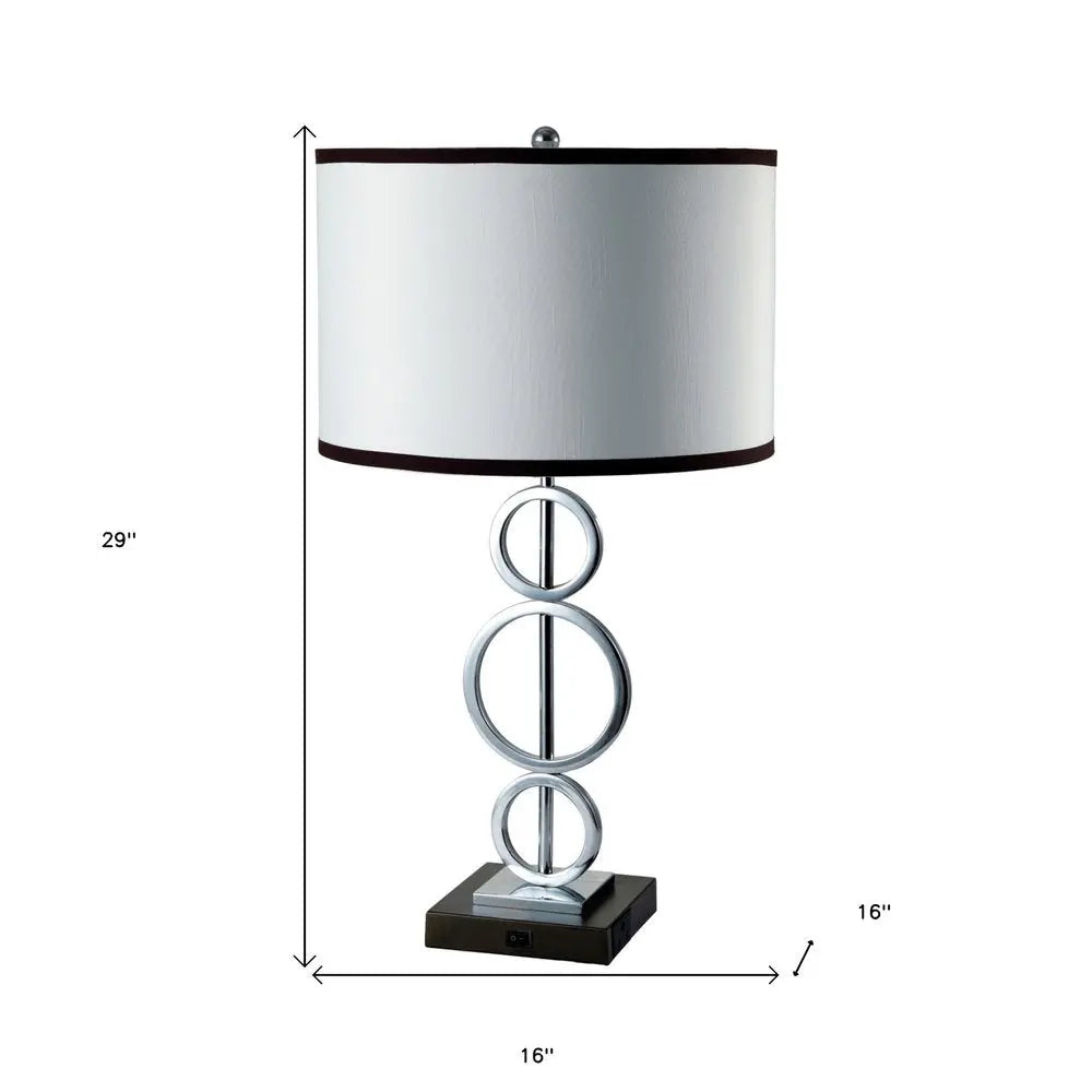 29" Silver Metal Bedside Geo Table Lamp With White and Black Trim Classic Drum Shade HomeRoots
