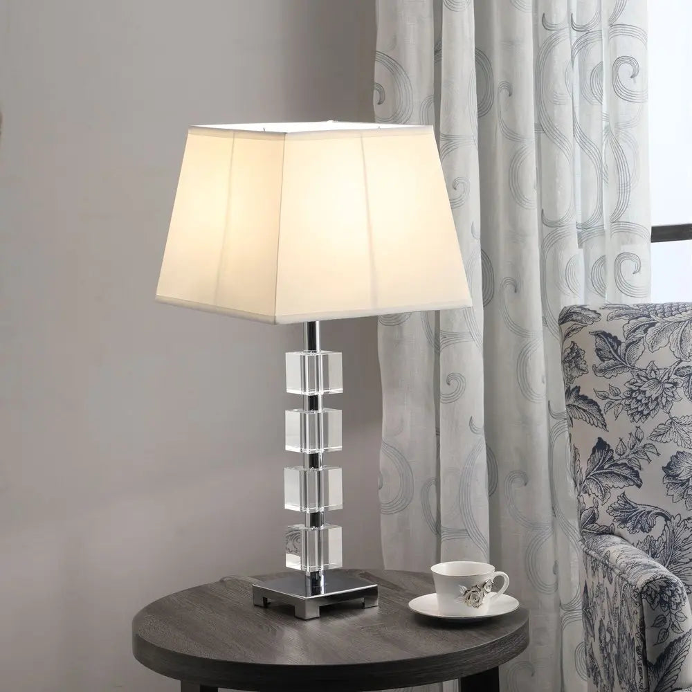 25" Crystal Geo Cubed Table Lamp With White Sharp Corner Square Tapered Shade HomeRoots