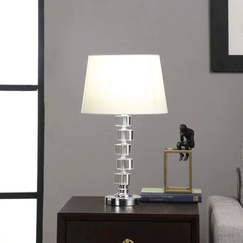 20" Silver Crystal Stacked Geo Cubes Table Lamp With White Classic Empire Shade HomeRoots