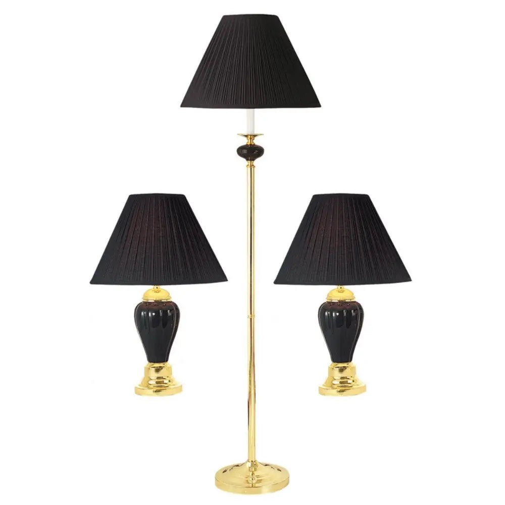 Set Of Three 64" Gold Ceramic Bedside Floor and Table Lamp Set With Black Empire Shade HomeRoots