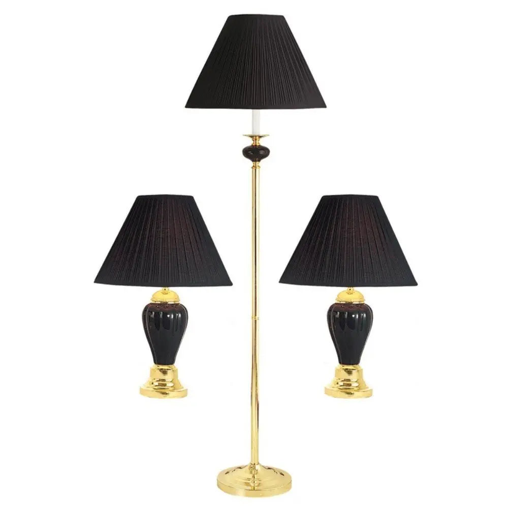 Set Of Three 64" Gold Ceramic Bedside Floor and Table Lamp Set With Black Empire Shade HomeRoots