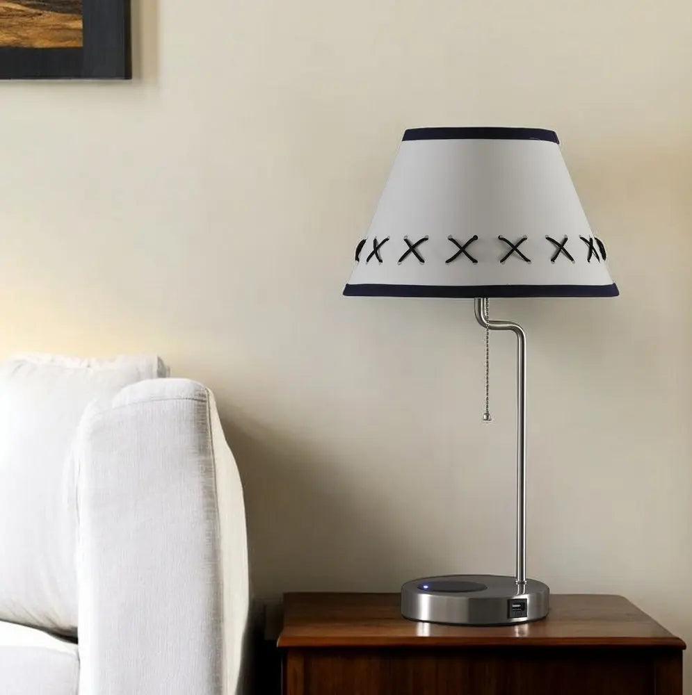 20" Silver Bedside Table Lamp With Off White Empire Shade HomeRoots