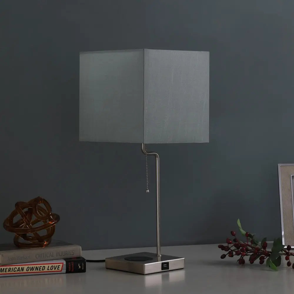 22" Gray Bedside Table Lamp With Gray Square Shade HomeRoots