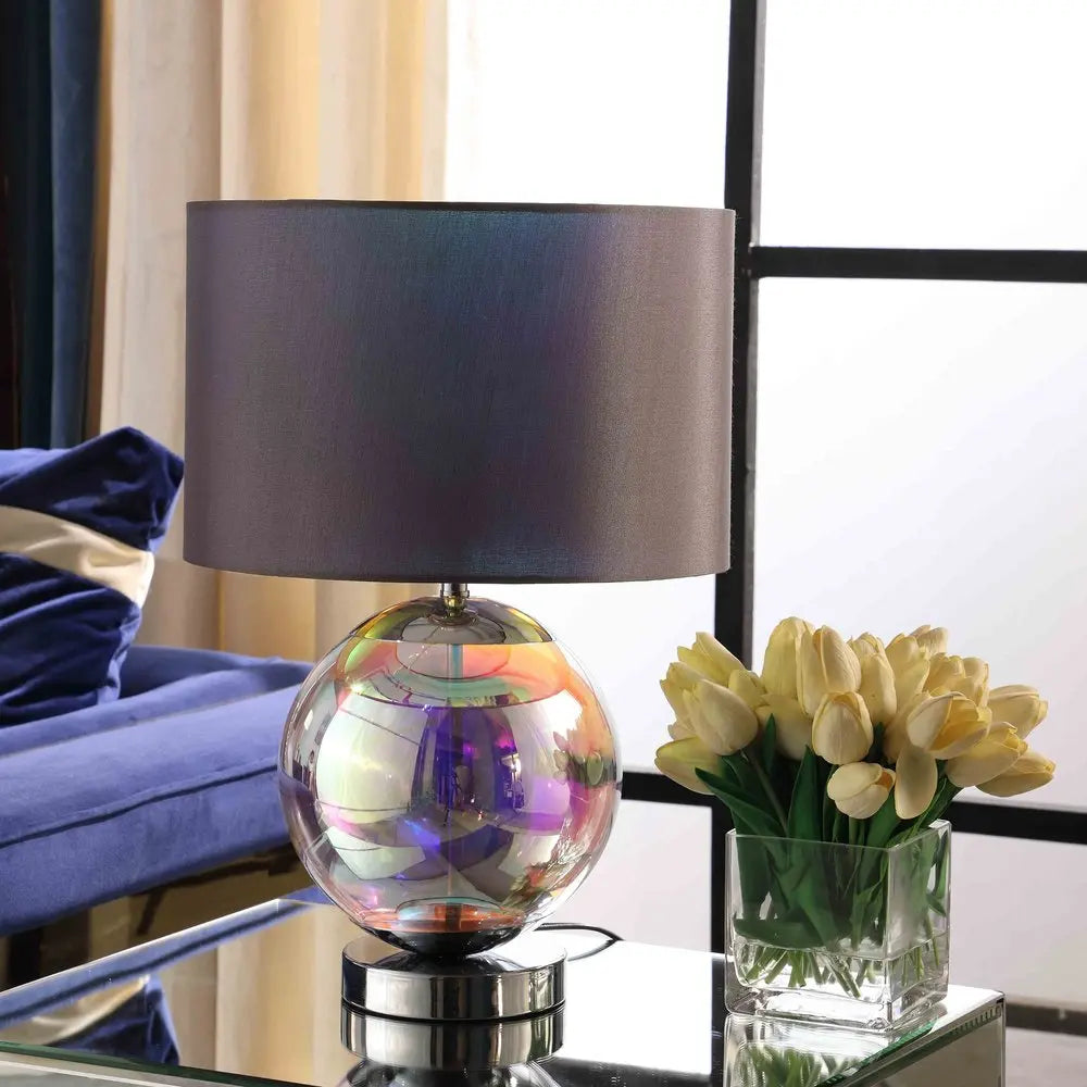 19" Iridescent Glass Globe Table Lamp With Gray Classic Drum Shade HomeRoots