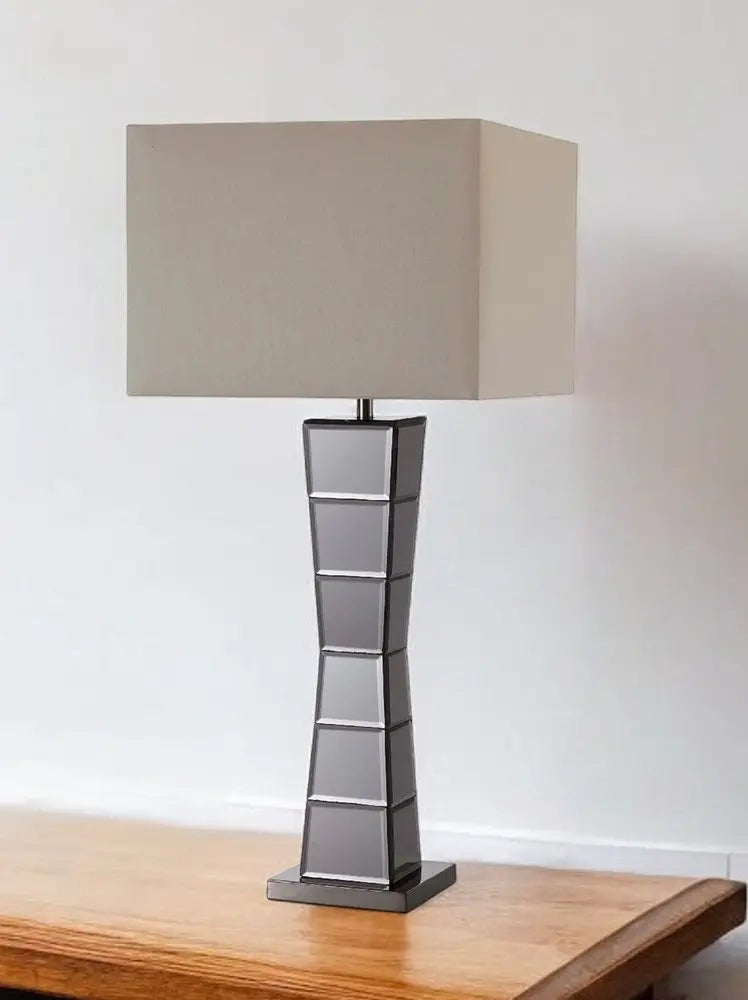 Black Glass Tower Table Lamp with Beige Fabric Shade HomeRoots