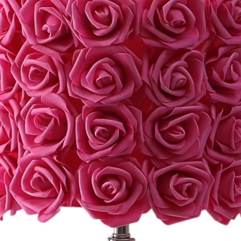 18" Silver Bedside Led Table Lamp With Red Flowers Drum Shade HomeRoots