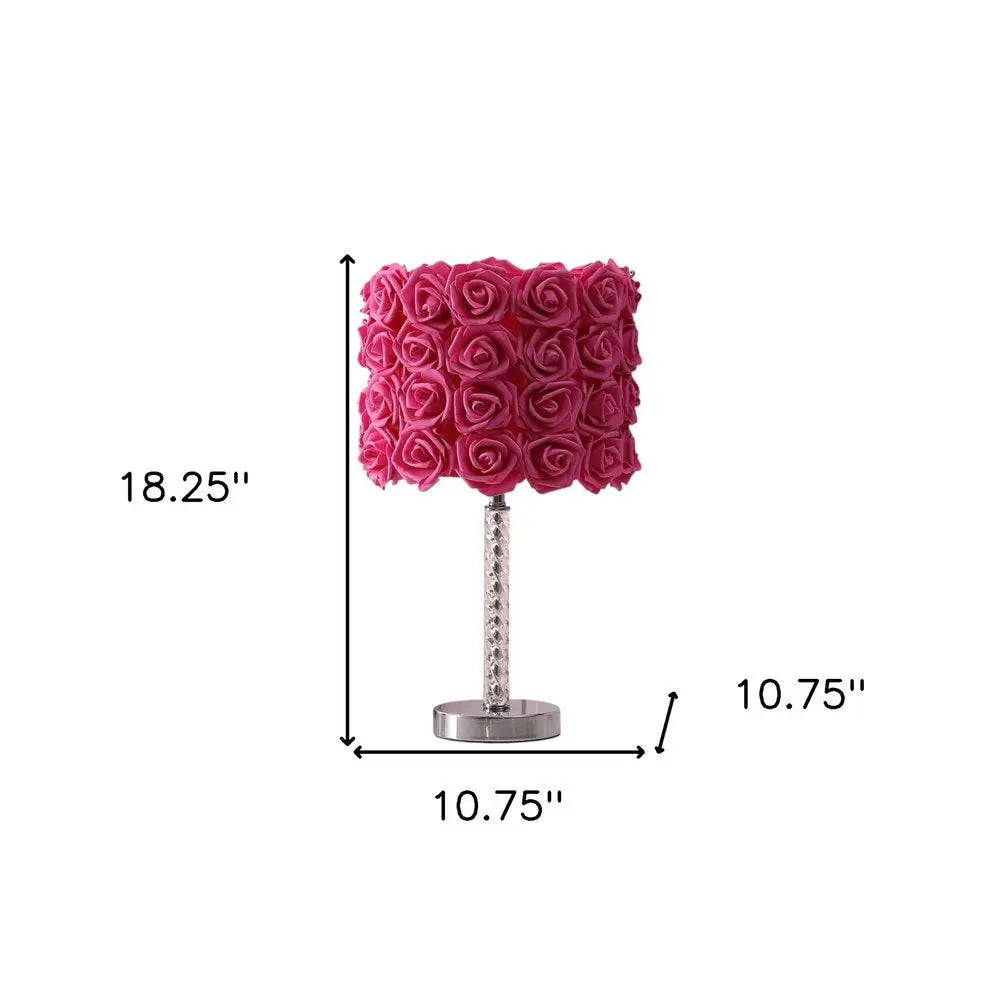 18" Silver Bedside Led Table Lamp With Red Flowers Drum Shade HomeRoots