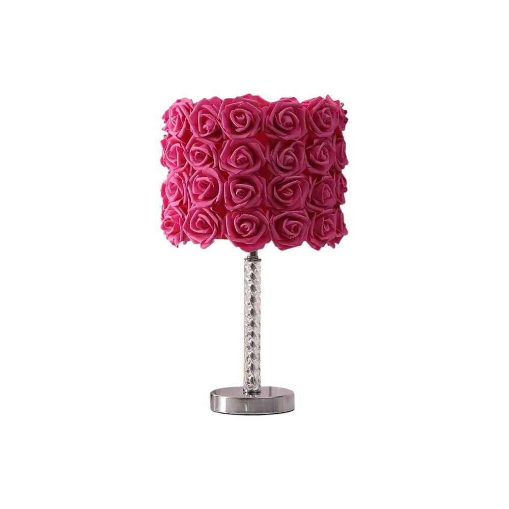 18" Silver Bedside Led Table Lamp With Red Flowers Drum Shade HomeRoots
