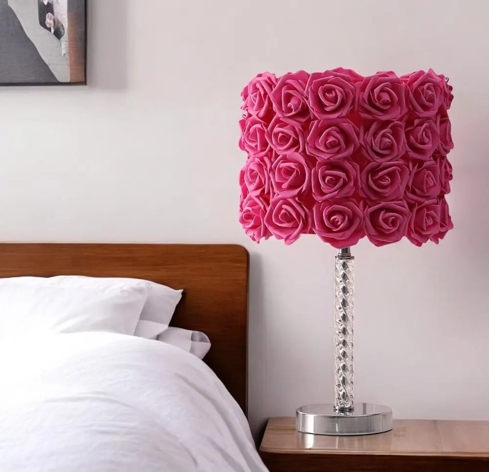 18" Silver Bedside Led Table Lamp With Red Flowers Drum Shade HomeRoots